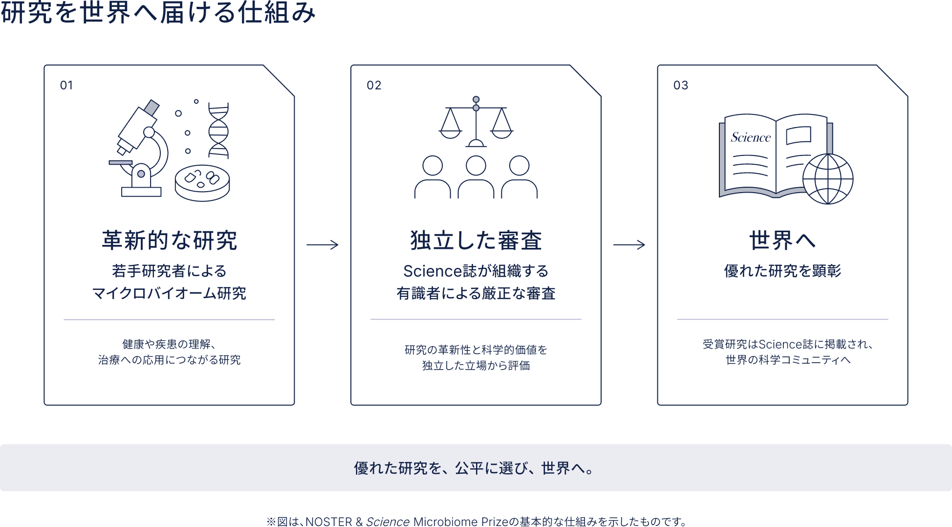 研究を世界へ届ける仕組み 優れた研究を、公平に選び、世界へ。 ※ずは、NOSTER & Science Microbiome Prizeの基本的な仕組みを示したものです。